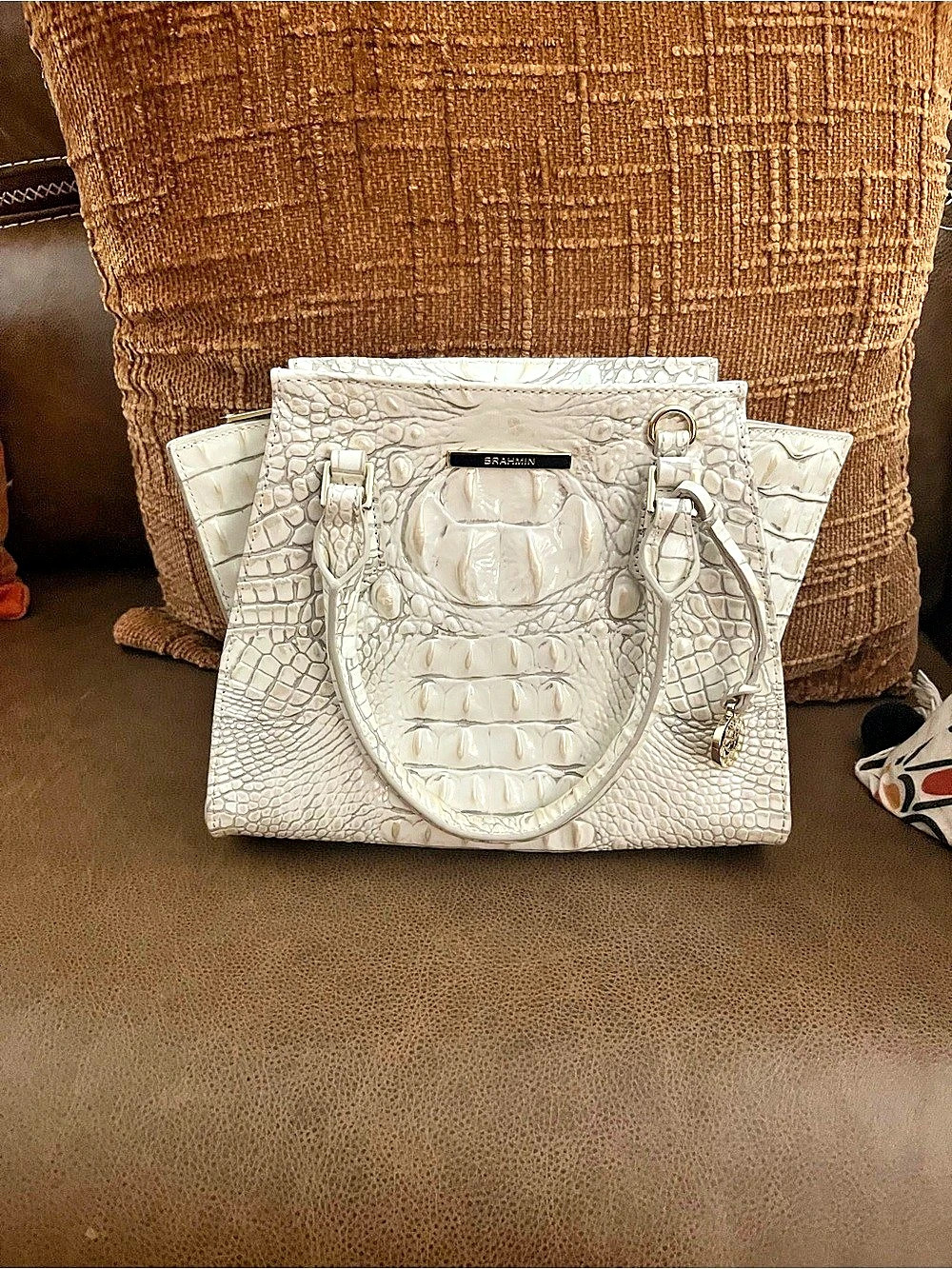Brahmin Crocodile-Embossed Satchel in White priscilla mini